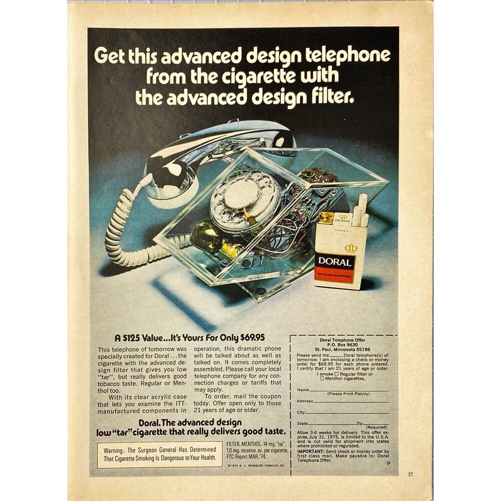 Doral Cigarettes "Mail In Telephone Offer $69.95" Playboy Vintage Print Ad